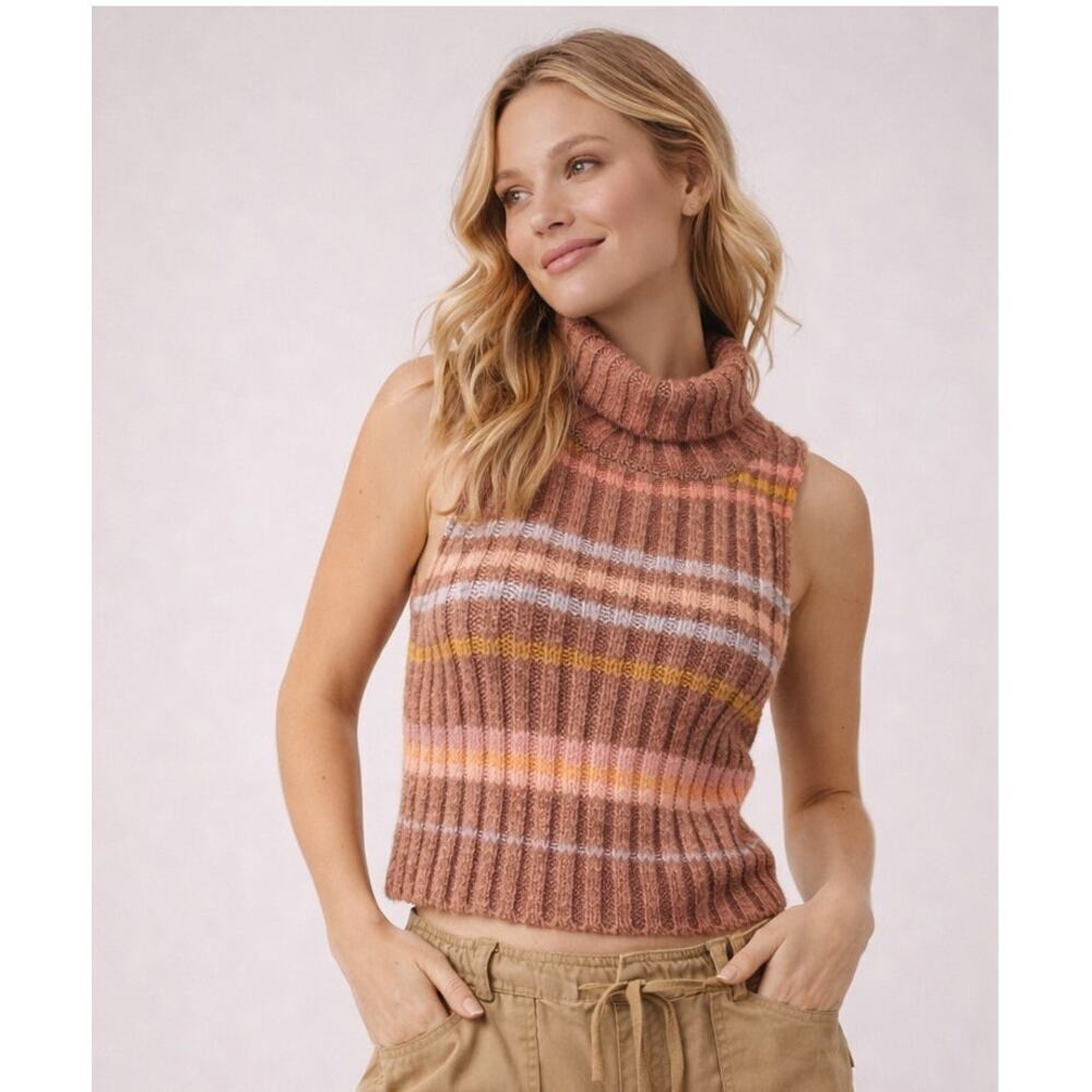 Free People Edith Turtleneck Sweater Vest Pink Striped Ribbed Knit Cropped Top M